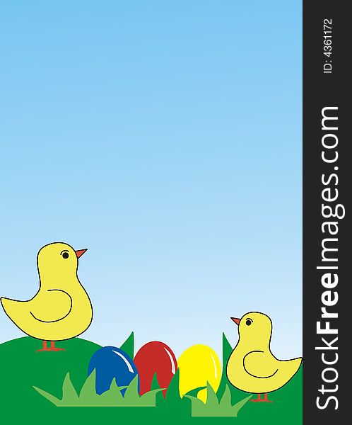 Two easter chickens with colourful eggs. Two easter chickens with colourful eggs.