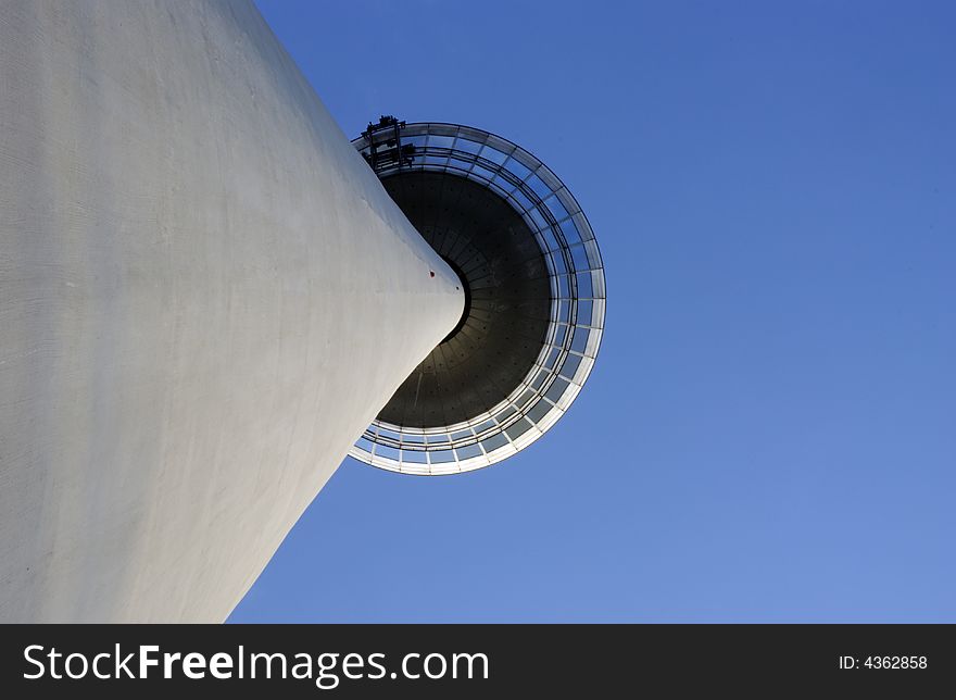 Tower in Mannheim, germany, view from the bottom against clear blue sky,. Tower in Mannheim, germany, view from the bottom against clear blue sky,