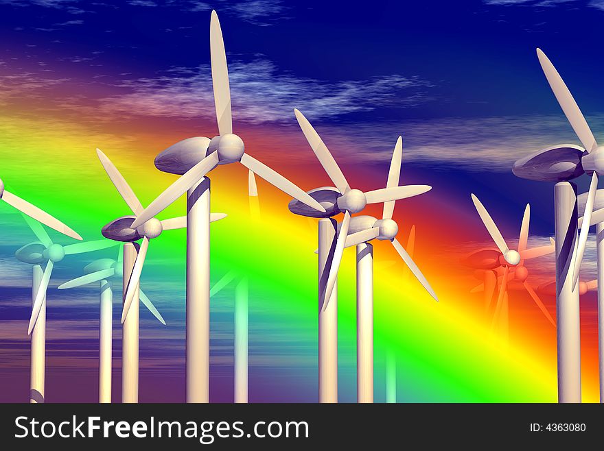 An illustration of wind mills catching the power of the wind with a rainbow. An illustration of wind mills catching the power of the wind with a rainbow.