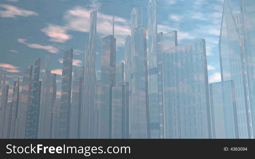 An illustration of a cityscape with transparent buildings allowing the blue sky and clouds to be seen through the buildings. An illustration of a cityscape with transparent buildings allowing the blue sky and clouds to be seen through the buildings