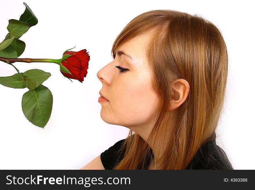 Woman with big red rose; white background. Woman with big red rose; white background