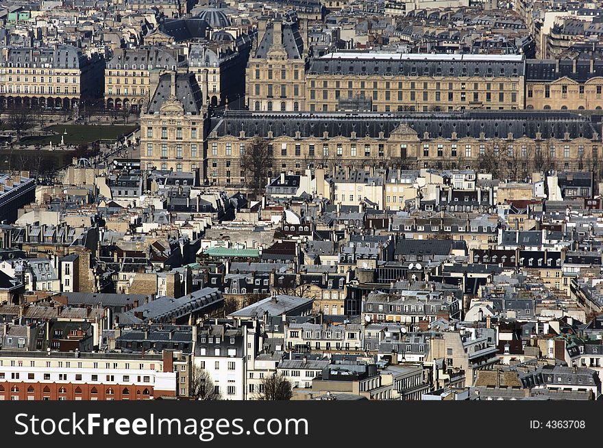 France, Paris: nice city view with the Louvre museum; blue sky, a panoramic view. France, Paris: nice city view with the Louvre museum; blue sky, a panoramic view