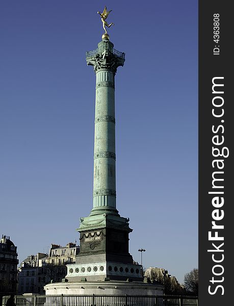 France, Paris: nice city view with the  column of bastille square; blue sky
