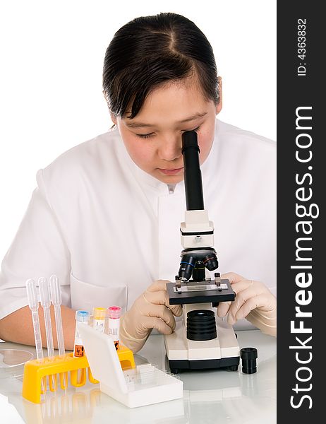 Girl with microscope, isolated on a white background. Girl with microscope, isolated on a white background.