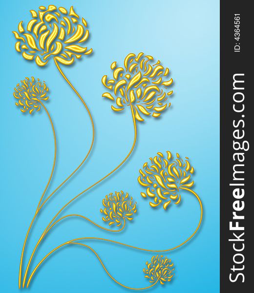 Golden flowers on a blue background - digital artwork