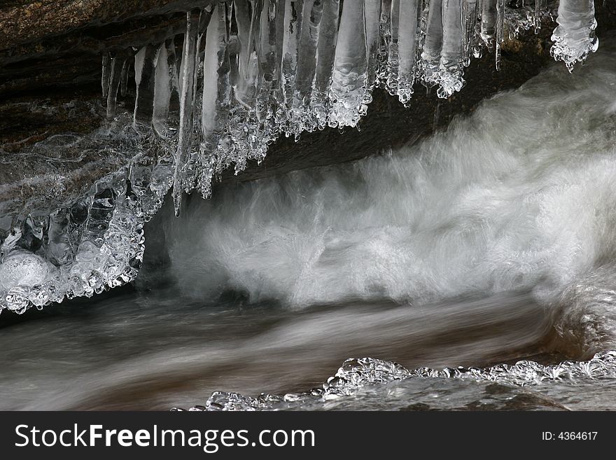 Ice forming on a stream in winter.