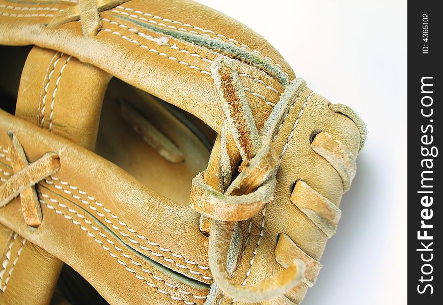 Macro shot of a baseball mitt with a white background