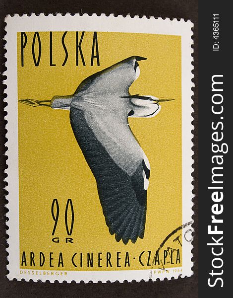 Used, old Polish stamp (since 1964) with Grey heron. Used, old Polish stamp (since 1964) with Grey heron