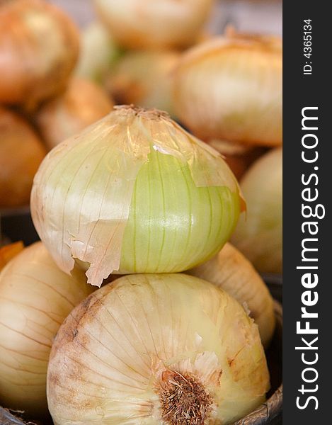 Onion for sale on a open air market stall. Onion for sale on a open air market stall