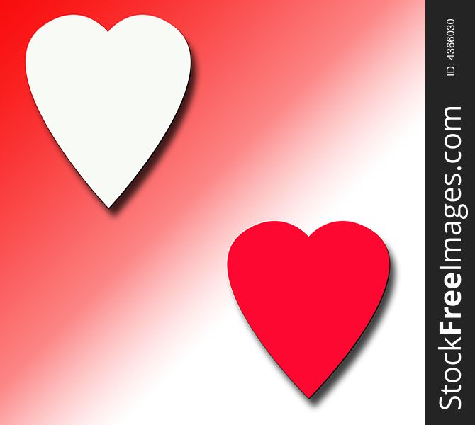 Two Red and white hearts on red and white gradient background. Two Red and white hearts on red and white gradient background