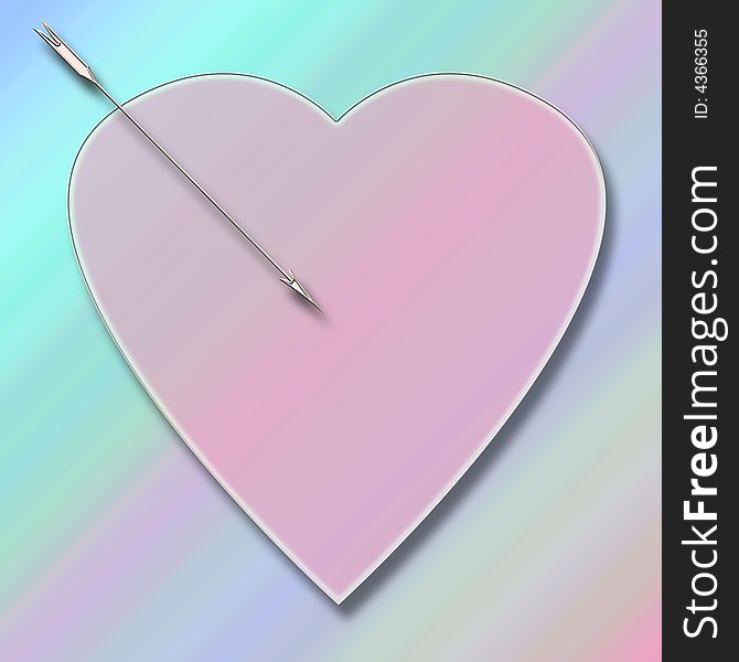 Pastel pink heart  with pink arrow on pastel pink and blue background. Pastel pink heart  with pink arrow on pastel pink and blue background