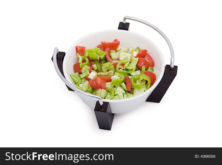 Salad , olive oil, White Background and clipping path. Tomato, peppers