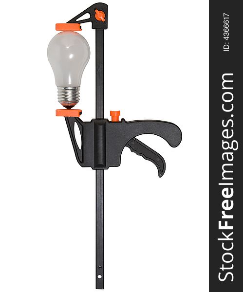 The black clamp clamping a bulb, isolated on a white background. Clipping patch included. The black clamp clamping a bulb, isolated on a white background. Clipping patch included.