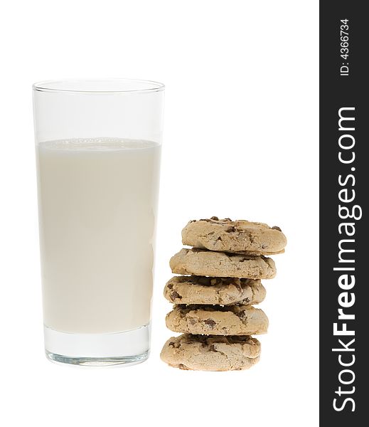 Delicious chocolate chip cookies and glass of milk isolated on a white background