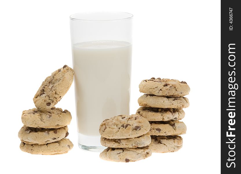 Delicious chocolate chip cookies and glass of milk isolated on a white background