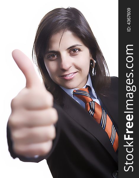 Business woman with thumbs up isolated in white background - focus os the eye