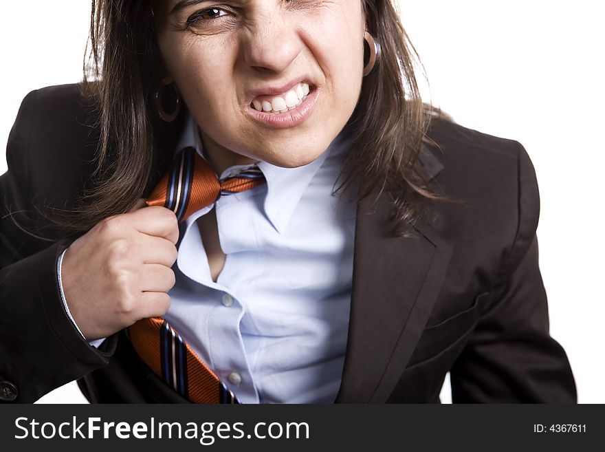 Business woman frustrated or irritated struggling with her tie