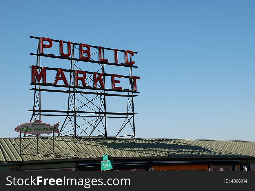 Market sign against blue sky. Market sign against blue sky