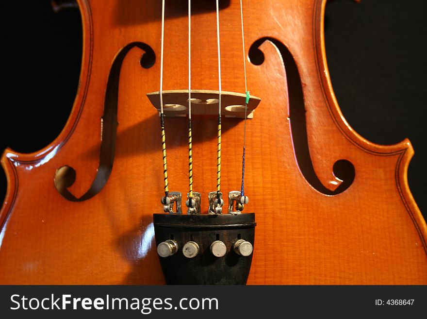 Close up violin instrument on black background