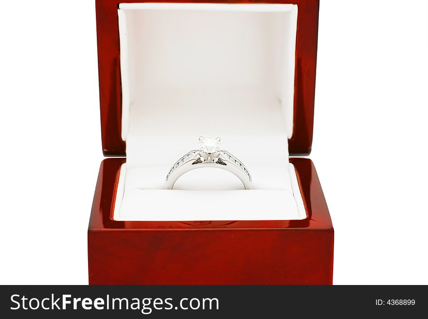 A platinum diamond engagement ring.