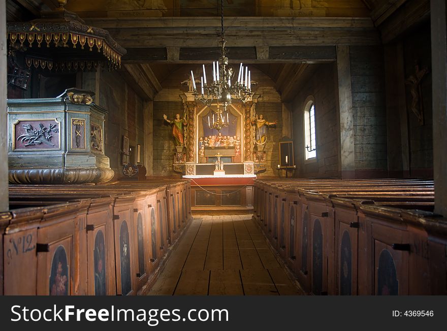 Interior of a traditional wooden church. Interior of a traditional wooden church
