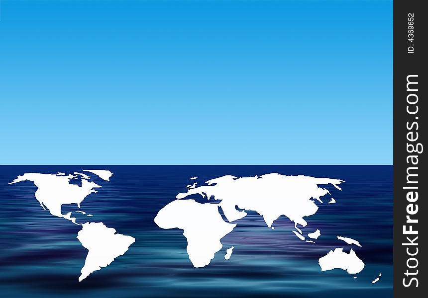 World outline map floating on simulated water. World outline map floating on simulated water