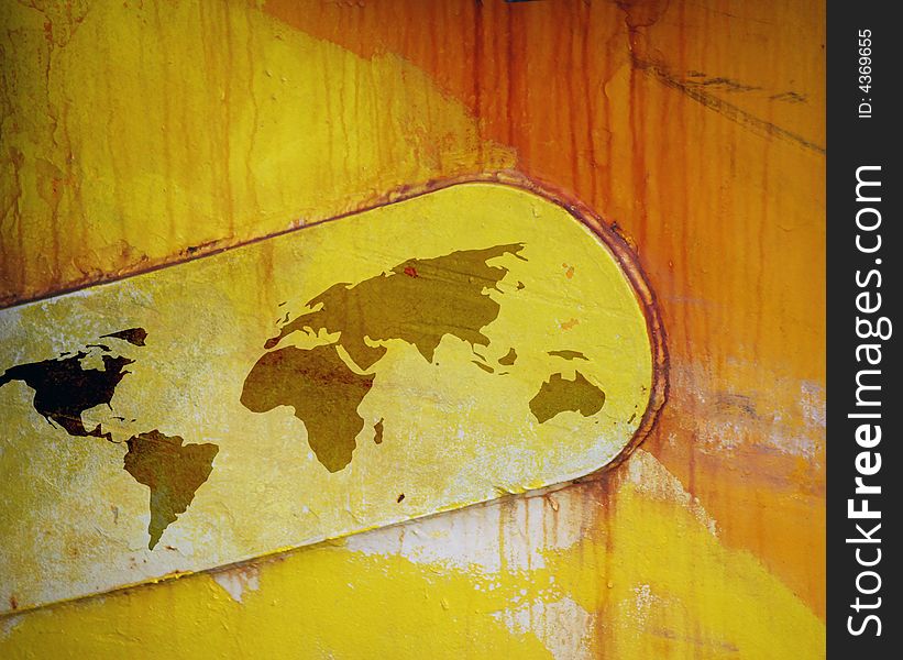 Outline map of world overlaid onto rusting paintwork of ship. Outline map of world overlaid onto rusting paintwork of ship