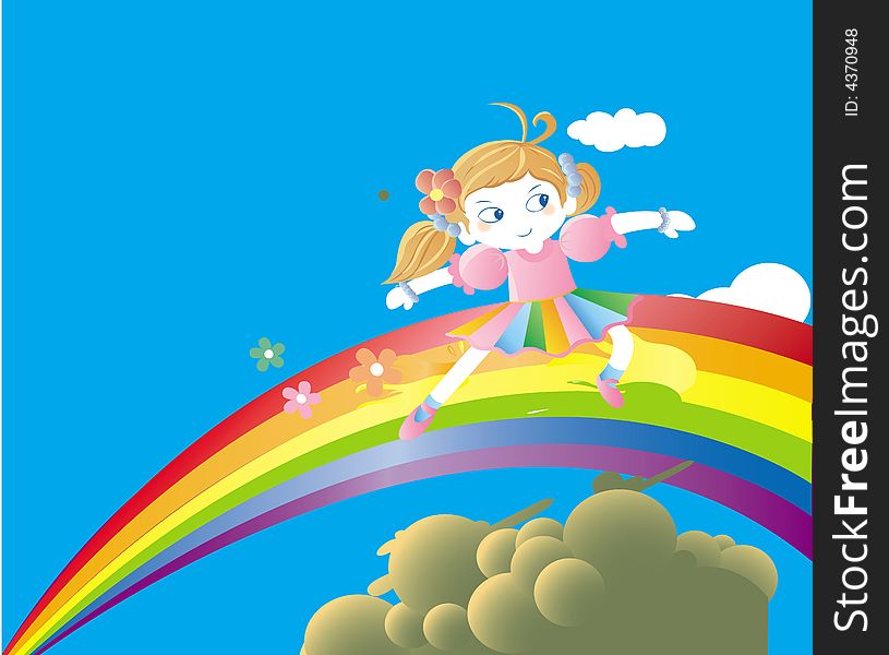 A sweet little girls with big Rainbow on the clouds. A sweet little girls with big Rainbow on the clouds