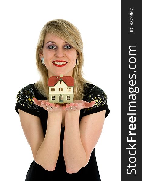 Business woman advertises real estate on white background