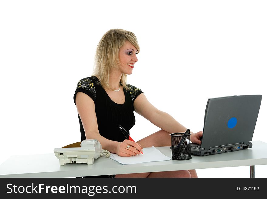 Business woman and laptop on white background