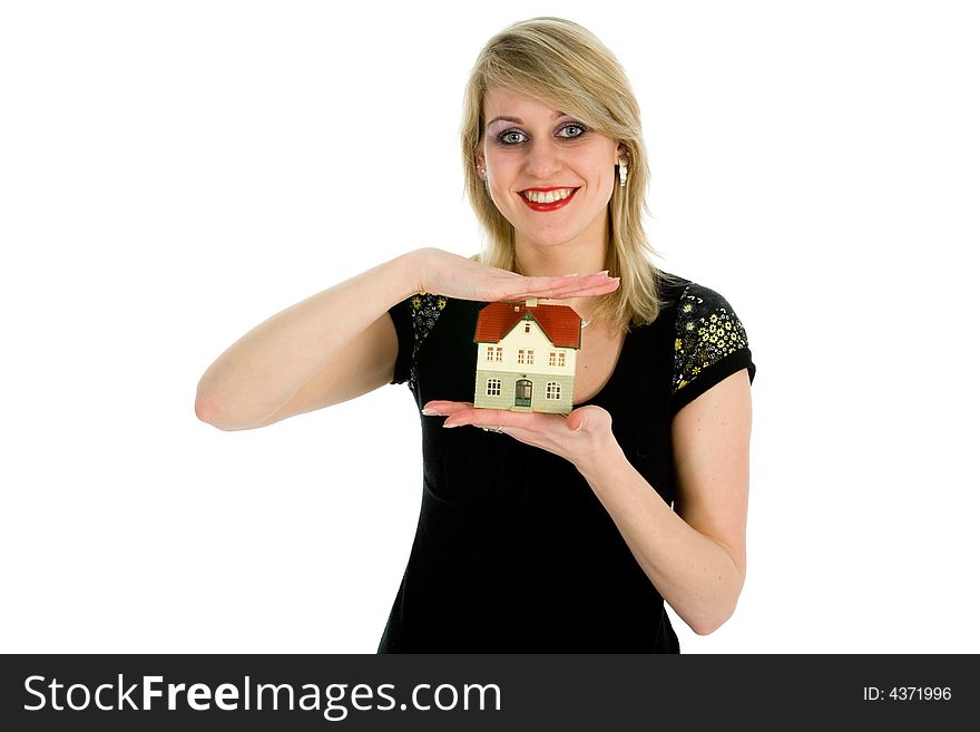 Business woman advertises real estate on white background