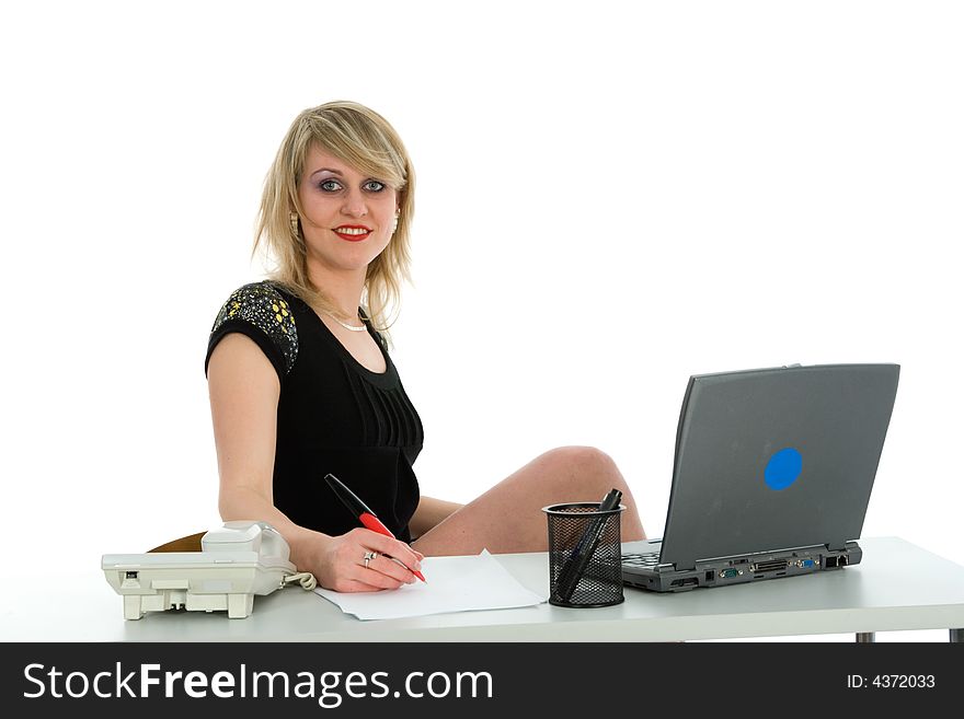 Business woman and laptop on white background