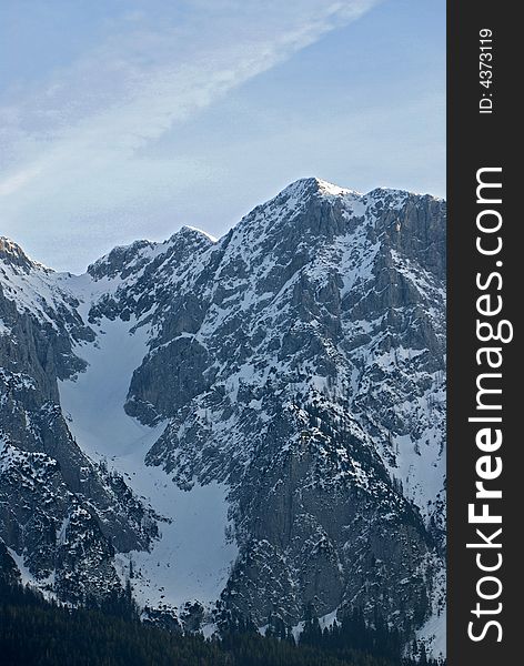 Snow-covered wooded Alps peak. Snow-covered wooded Alps peak