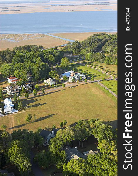 Aerial view of expensive homes along coast