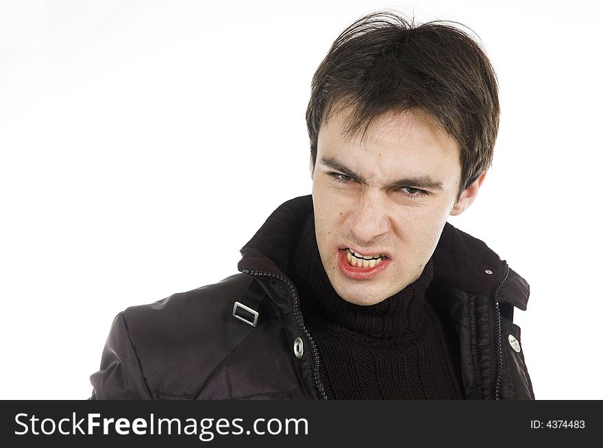Shouting aggressive the man on a white background