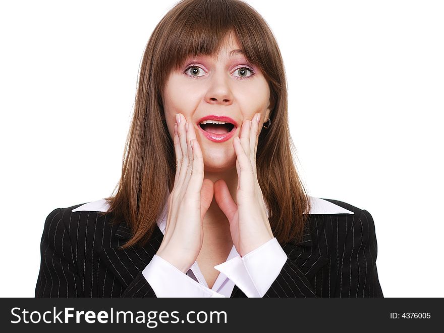 Portrait of a very surprised beautiful businesswoman isolated on a white background. Portrait of a very surprised beautiful businesswoman isolated on a white background