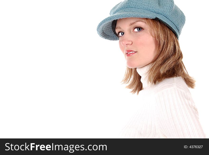 Blond woman with a cute hat on a white background. Blond woman with a cute hat on a white background