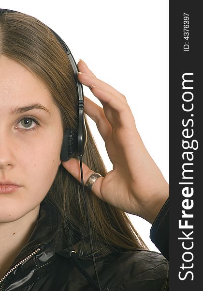 Young  girl in  headphone  on the white background