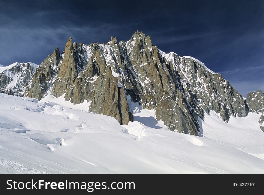 South side of Mont Blanc de Tacul, situated midway between the Aiguille du Midi and Mont Blanc; Chamonix, France.