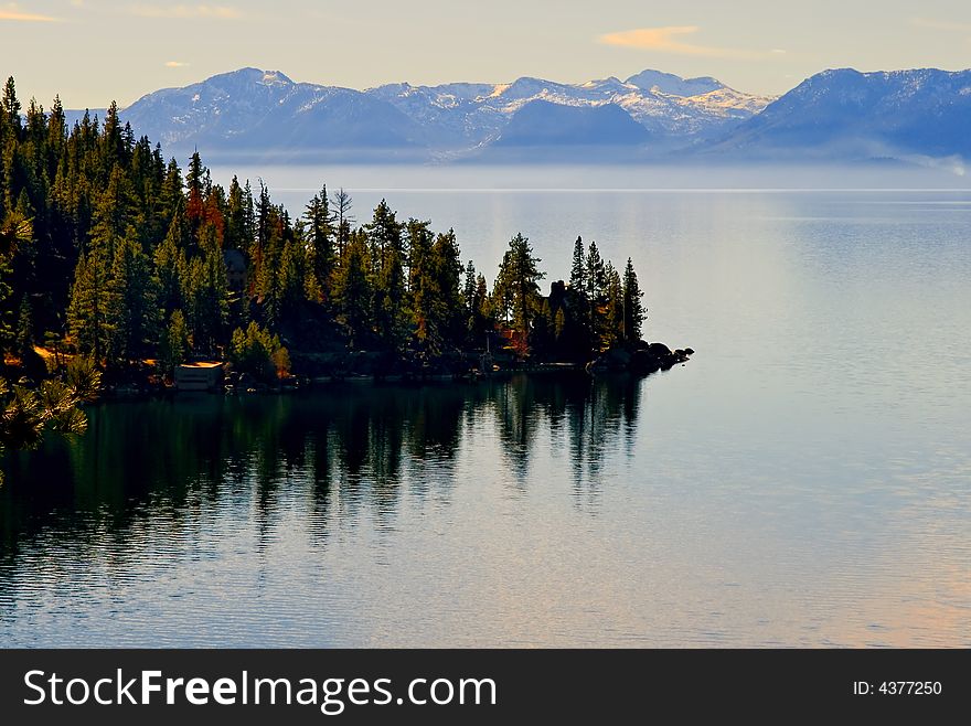 Foggy Lake Tahoe with clouds over it. Foggy Lake Tahoe with clouds over it