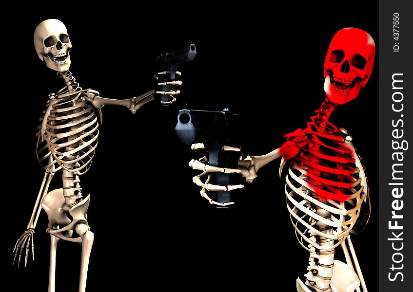 An image of some skeletons with some  firearms, a possible interesting conceptual modern version of death. Or a medical image of  Skeletons in action. An image of some skeletons with some  firearms, a possible interesting conceptual modern version of death. Or a medical image of  Skeletons in action.