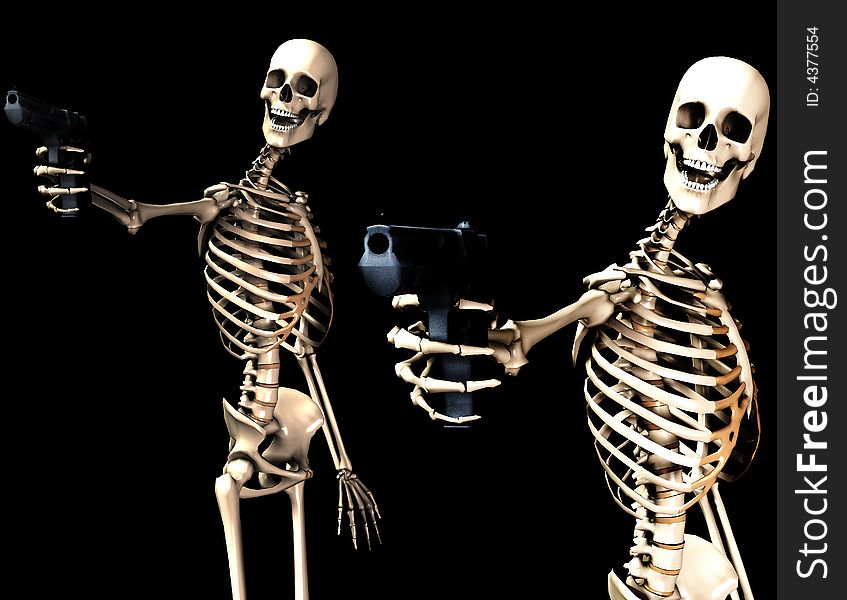 An image of some skeletons with some firearms, a possible interesting conceptual modern version of death. Or a medical image of Skeletons in action. An image of some skeletons with some firearms, a possible interesting conceptual modern version of death. Or a medical image of Skeletons in action.