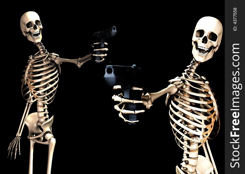 An image of some skeletons with some firearms, a possible interesting conceptual modern version of death. Or a medical image of Skeletons in action. An image of some skeletons with some firearms, a possible interesting conceptual modern version of death. Or a medical image of Skeletons in action.