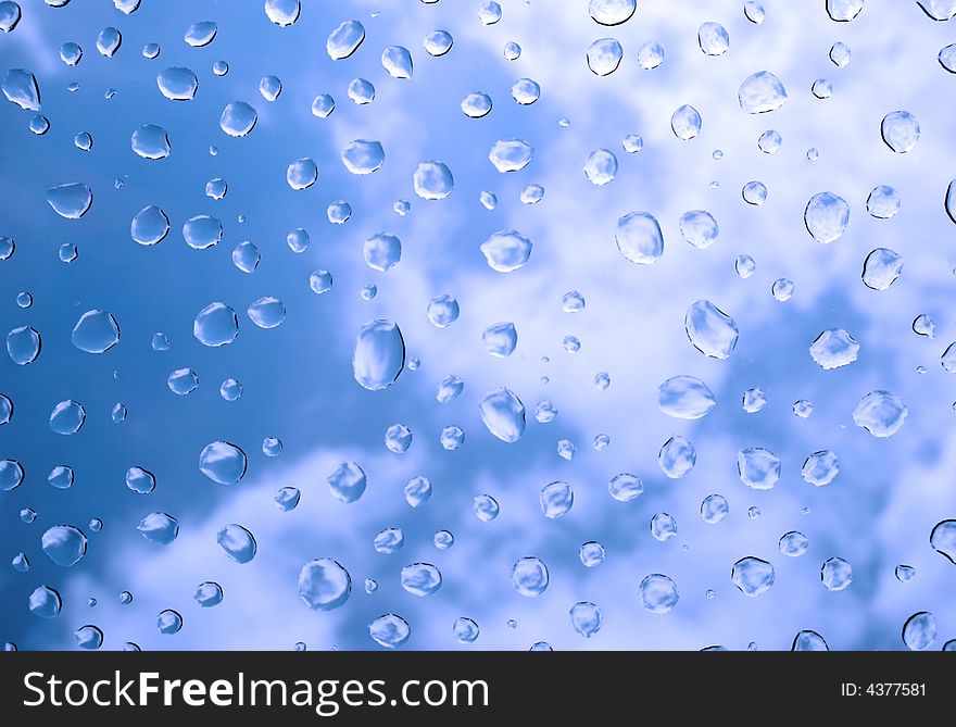 Transparent water droplets reflecting blue sky and puffy white clouds.