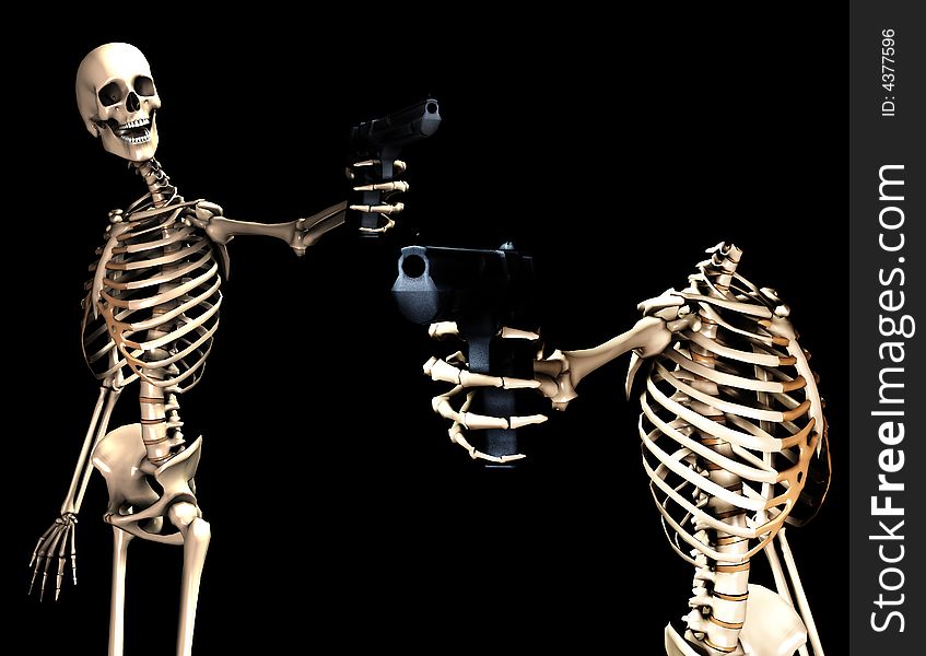 An image of some skeletons with some  firearms, a possible interesting conceptual modern version of death. Or a medical image of  Skeletons in action. An image of some skeletons with some  firearms, a possible interesting conceptual modern version of death. Or a medical image of  Skeletons in action.