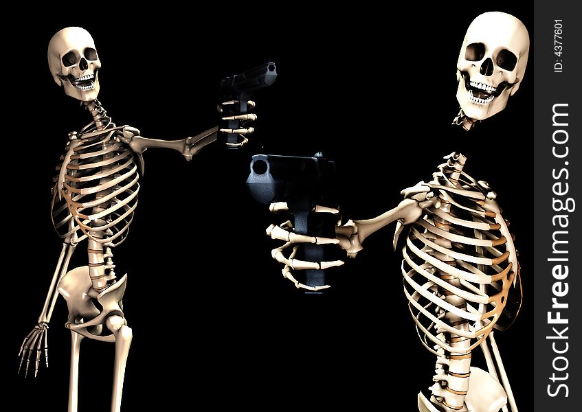 An image of some skeletons with some  firearms, a possible interesting conceptual modern version of death. Or a medical image of  Skeletons in action. An image of some skeletons with some  firearms, a possible interesting conceptual modern version of death. Or a medical image of  Skeletons in action.