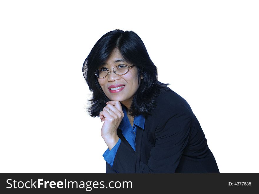 Asian business woman chin on hand