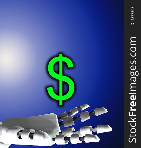 A conceptual image of a robot hand with a dollar, it would be a good image for technology and money concepts. A conceptual image of a robot hand with a dollar, it would be a good image for technology and money concepts.