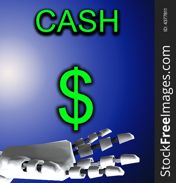 A conceptual image of a robot hand with a dollar, it would be a good image for technology and money concepts. A conceptual image of a robot hand with a dollar, it would be a good image for technology and money concepts.