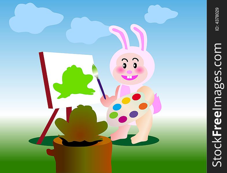 Vector illustration for a baby rabbit drawing a frog